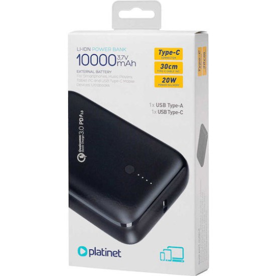 Platinet Power Bank 10000mAh 20W με Θύρα USB-A και Θύρα USB-C Power Delivery Μαύρο