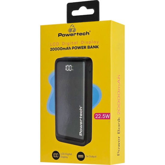 Powertech Power Bank 20000mAh 22.5W με 2 Θύρες USB-A και Θύρα USB-C Power Delivery / Quick Charge 3.0 Μαύρο
