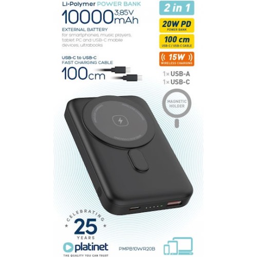 Platinet Power Bank 10000mAh 20W με Θύρα USB-A και Θύρα USB-C Power Delivery Μαύρο