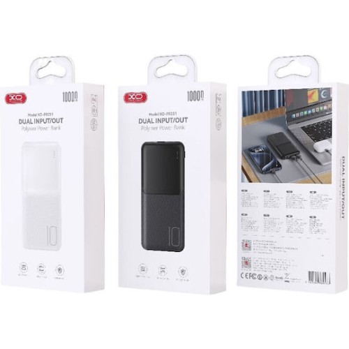 XO Lighted Power Bank 10000mAh με 2 Θύρες USB-A και Θύρα USB-C Μαύρο