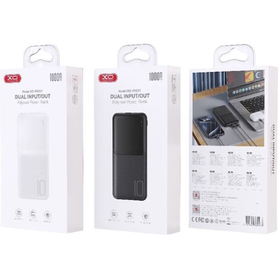 XO Lighted Power Bank 10000mAh με 2 Θύρες USB-A και Θύρα USB-C Μαύρο