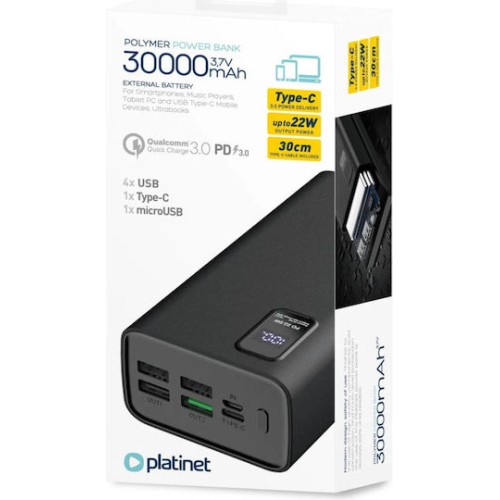 Platinet Power Bank 30000mAh 22.5W με 4 Θύρες USB-A και Θύρα USB-C Power Delivery / Quick Charge 3.0 Μαύρο