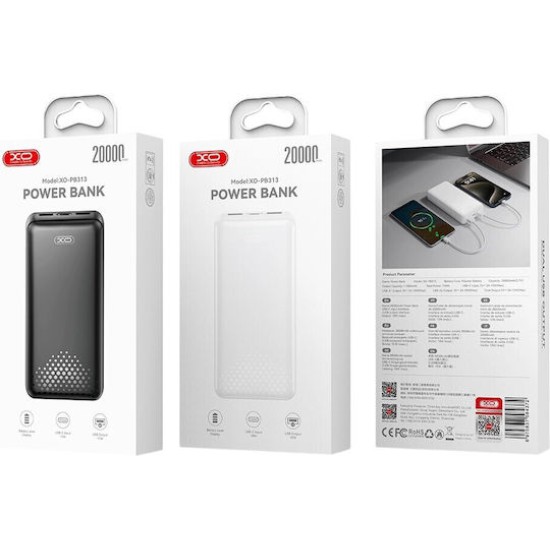 XO Power Bank 20000mAh 10W με 2 Θύρες USB-A και Θύρα USB-C Μαύρο