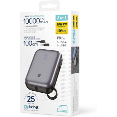Platinet Power Bank 10000mAh 20W με Θύρα USB-A και 2 Θύρες USB-C Μαύρο
