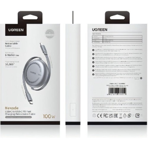Ugreen Retractable USB 2.0 Cable USB-C male - USB-C 100W PD Μαύρο 1m
