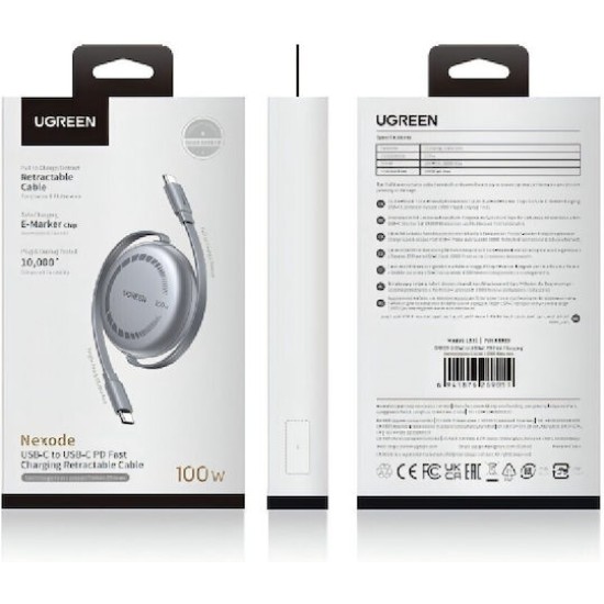 Ugreen Retractable USB 2.0 Cable USB-C male - USB-C 100W PD Μαύρο 1m