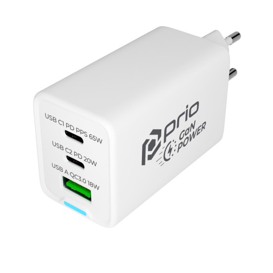 Prio Wall Charger GaN Power 65W PD PPS (USB C) + QC 3.0 (USB A) white