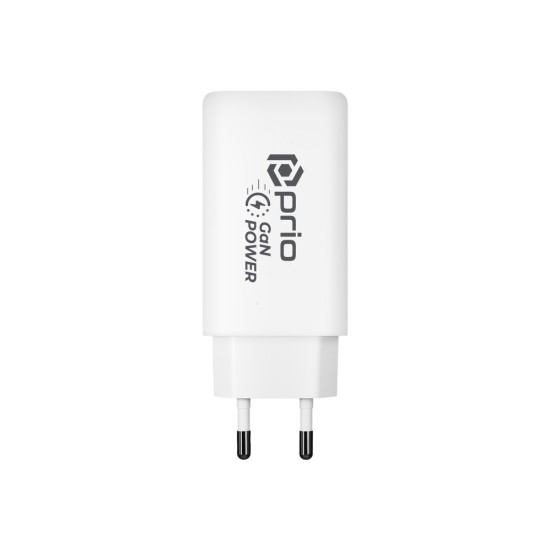 Prio Wall Charger GaN Power 65W PD PPS (USB C) + QC 3.0 (USB A) white