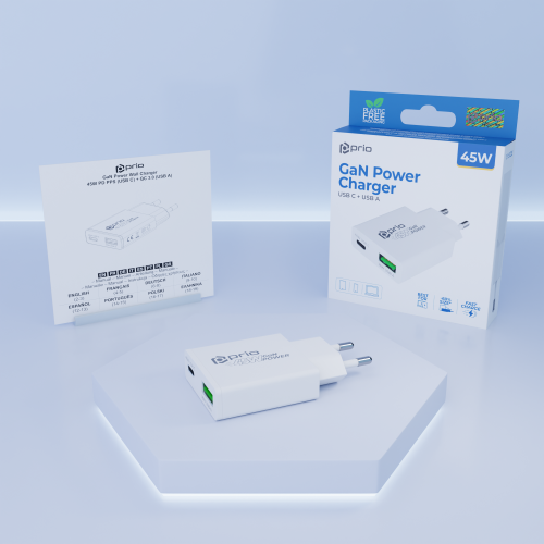 prio 45W GaN Power Charger PD PPS (USB C) + QC 3.0 (USB A)