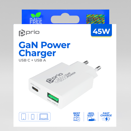 prio 45W GaN Power Charger PD PPS (USB C) + QC 3.0 (USB A)