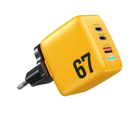 Wekome Φορτιστής Χωρίς Καλώδιο με Θύρα USB-A και 2 Θύρες USB-C και Καλώδιο USB-C 67W Power Delivery Κίτρινος (WP-U141)