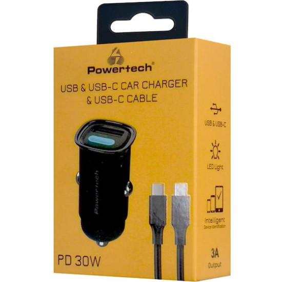 Powertech Φορτιστής Αυτοκινήτου 30W 3A Γρήγορης Φόρτισης με Θύρες: 1xUSB 1xType-C Μαύρος