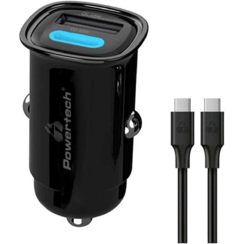 Powertech Φορτιστής Αυτοκινήτου 30W 3A Γρήγορης Φόρτισης με Θύρες: 1xUSB 1xType-C Μαύρος