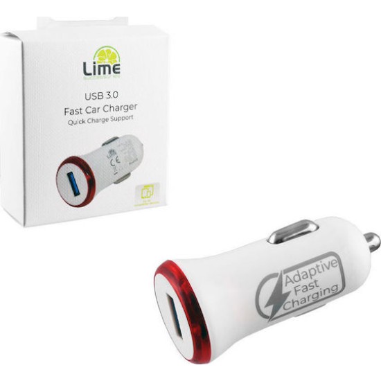 Lime Φορτιστής Αυτοκινήτου 20W 2.4A Γρήγορης Φόρτισης με μία Θύρα: 1xUSB Λευκός