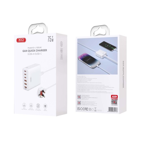 XO Βάση Φόρτισης GaN με 3 Θύρες USB-A και 3 Θύρες USB-C 75W σε Λευκό χρώμα