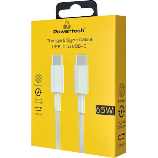 Powertech Braided USB 2.0 Cable USB-C male - USB-C 65W Λευκό 1m