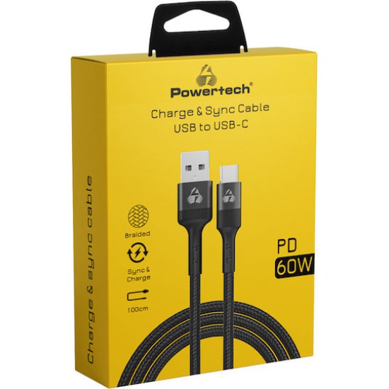 Powertech Braided USB 3.0 Cable USB-C male - USB-A 60W Μαύρο 1m
