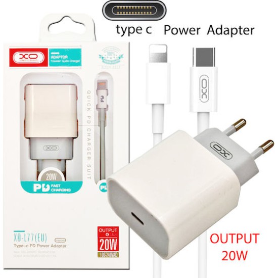 XO Φορτιστής με Θύρα USB-C και Καλώδιο USB-C - Lightning 20W Power Delivery Λευκός (L77)