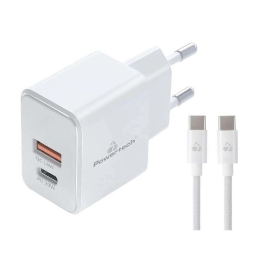 Powertech Φορτιστής GaN με Θύρα USB-A και Θύρα USB-C και Καλώδιο USB-C - USB-C 20W Power Delivery / Quick Charge 3.0 Λευκός (PT-1248)