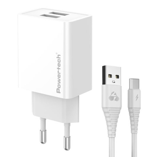 Powertech Φορτιστής με 2 Θύρες USB-A και Καλώδιο USB-C 12W Λευκός (PT-1324)
