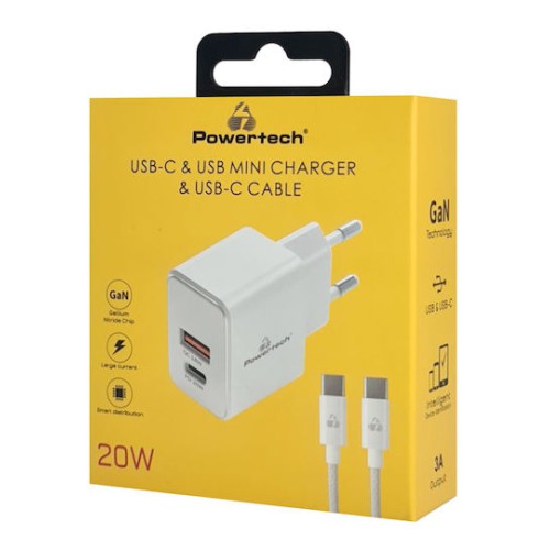 Powertech Φορτιστής GaN με Θύρα USB-A και Θύρα USB-C και Καλώδιο USB-C - USB-C 20W Power Delivery / Quick Charge 3.0 Λευκός (PT-1248)