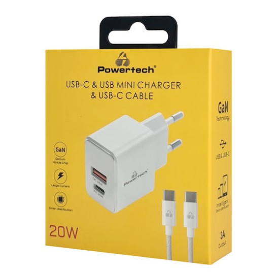 Powertech Φορτιστής GaN με Θύρα USB-A και Θύρα USB-C και Καλώδιο USB-C - USB-C 20W Power Delivery / Quick Charge 3.0 Λευκός (PT-1248)