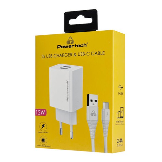 Powertech Φορτιστής με 2 Θύρες USB-A και Καλώδιο USB-C 12W Λευκός (PT-1324)