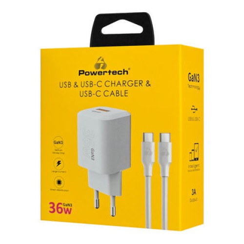 Powertech Φορτιστής GaN με Θύρα USB-A και Θύρα USB-C και Καλώδιο USB-C - USB-C 36W Power Delivery / Quick Charge 3.0 Λευκός (PT-1351)