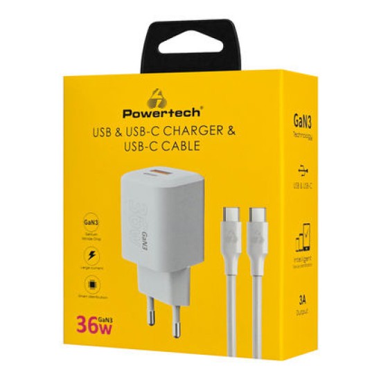Powertech Φορτιστής GaN με Θύρα USB-A και Θύρα USB-C και Καλώδιο USB-C - USB-C 36W Power Delivery / Quick Charge 3.0 Λευκός (PT-1351)