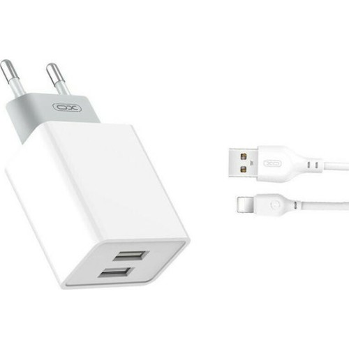 XO Φορτιστής με 2 Θύρες USB-A και Καλώδιο Lightning Λευκός (L65)