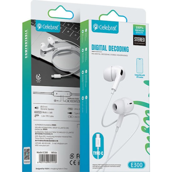 Celebrat E300 In-ear Handsfree Ακουστικά με Βύσμα USB-C Λευκό