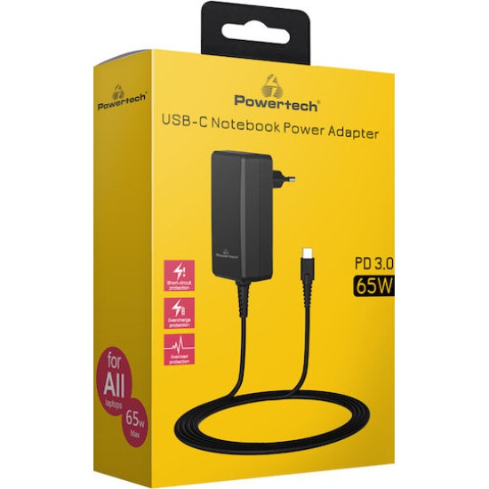 Powertech USB-C Universal Φορτιστής Laptop 65W με Αποσπώμενο Καλώδιο Τροφοδοσίας