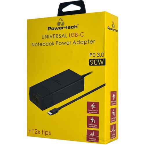 Powertech USB-C Φορτιστής Laptop 90W 1.5A για HP / Acer / Dell / Lenovo / IBM / Sony με Αποσπώμενο Καλώδιο