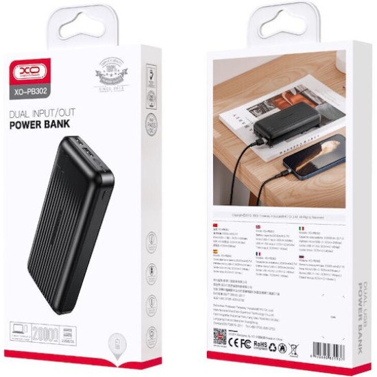 XO PB302 Power Bank 20000mAh με 2 Θύρες USB-A Μαύρο