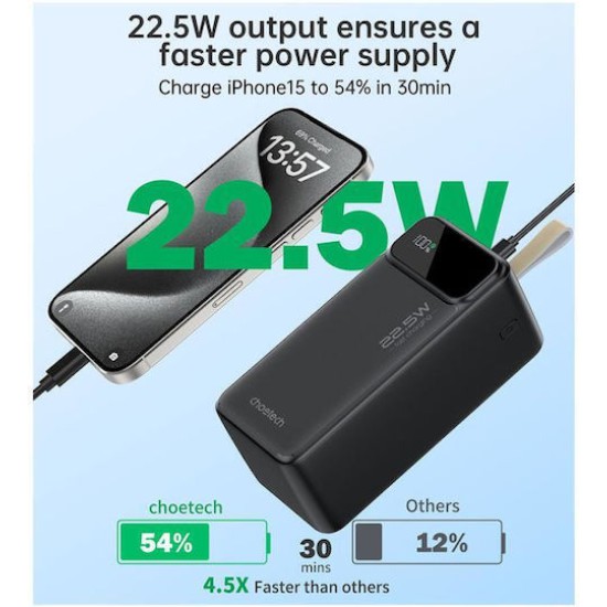 Choetech B732 Power Bank 50000mAh 22.5W με 2 Θύρες USB-A και Θύρα USB-C Power Delivery Μαύρο
