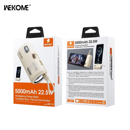 WK WP-19 Power Bank 5000mAh 22.5W με 2 Θύρες USB-C Μπεζ
