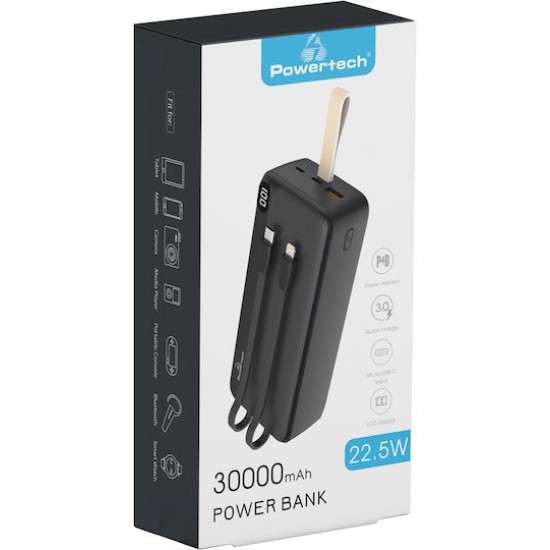 Powertech PT-1065 Power Bank 30000mAh 22.5W με Θύρα USB-A και Θύρα USB-C Power Delivery / Quick Charge 2.0 Μαύρο