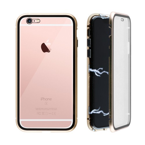 IDOL 1991 ΘΗΚΗ IPHONE 6S/6 4.7" MAGNETIC METAL FRAME GOLD+TEMPERED GLASS BACK-FRONT