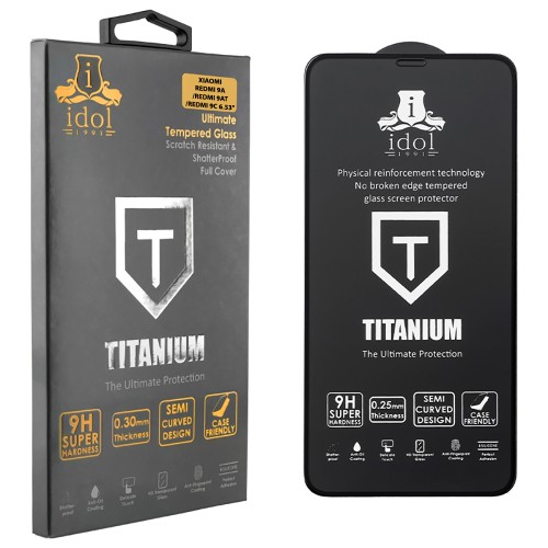 IDOL 1991 TEMPERED GLASS XIAOMI REDMI 9A/REDMI 9AT/REDMI 9C 6.53" 9H 0.25mm TITANIUM SEMI CURVED FULL GLUE BLACK