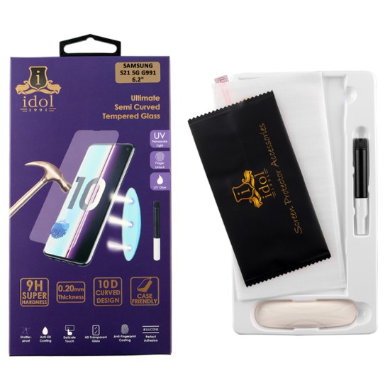 IDOL 1991 UV TEMPERED GLASS SAMSUNG S21 5G G991 6.2in 9H 0.20mm 10D SEMI WITH GLUE-TOOL FINGER UNLOCK FULL COVER TRANSPARENT