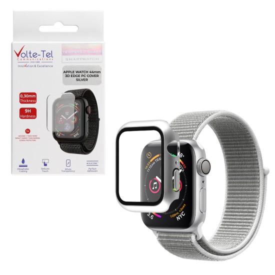 VOLTE-TEL PC EDGE COVER TEMPERED GLASS APPLE WATCH 44mm 1.78in 9H 0.30mm WITH KEY 3D FULL GLUE FULL COVER SILVER