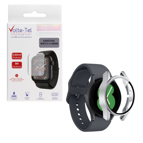 VOLTE-TEL PC EDGE COVER TEMPERED GLASS SAMSUNG WATCH 4 40mm 1.2in 9H 0.30mm WITH KEY 3D FULL GLUE FULL COVER SILVER