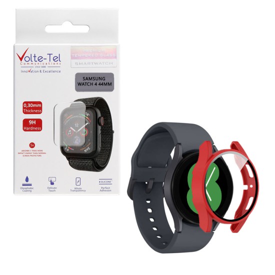 VOLTE-TEL PC EDGE COVER TEMPERED GLASS SAMSUNG WATCH 4 44mm 1.4in 9H 0.30mm WITH KEY 3D FULL GLUE FULL COVER RED