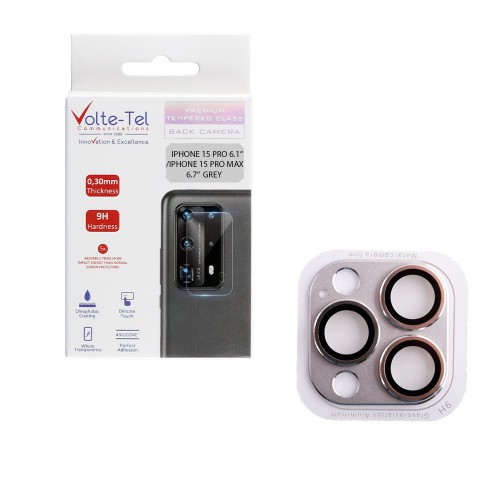 VOLTE-TEL CAMERA GLASS COVER IPHONE 15 PRO 6.1"/IPHONE 15 PRO MAX 6.7" 9H 0.30MM 3D AR ALUMINIUM-ELECTROPLATING FRAME GREY