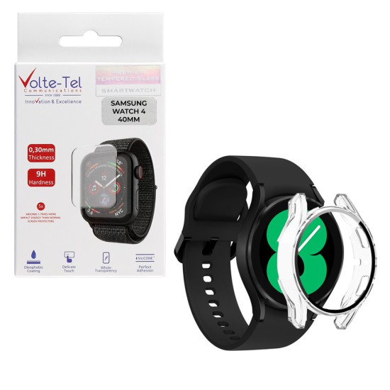 VOLTE-TEL TEMPERED GLASS SAMSUNG WATCH 4 40mm 1.2in 9H 0.30mm 2.5D EASY APPLICATION FULL GLUE FULL COVER TRANSPARENT