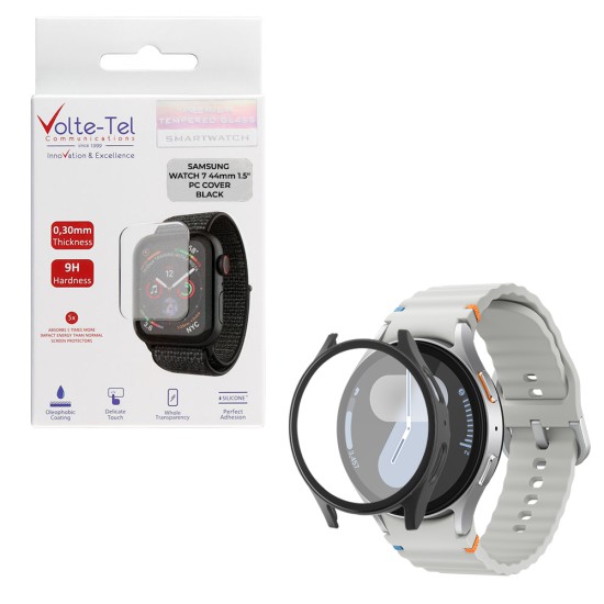 VOLTE-TEL PC EDGE COVER TEMPERED GLASS SAMSUNG WATCH 7 44mm 1.5in 9H 0.30mm WITH KEY 3D FULL GLUE FULL COVER BLACK