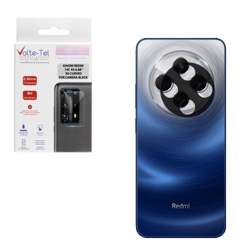 VOLTE-TEL TEMPERED GLASS XIAOMI REDMI 14C/ REDMI A4/ POCO C75/ POCO M7 6.88" 9H 0.25mm 3D CURVED FOR CAMERA BLACK