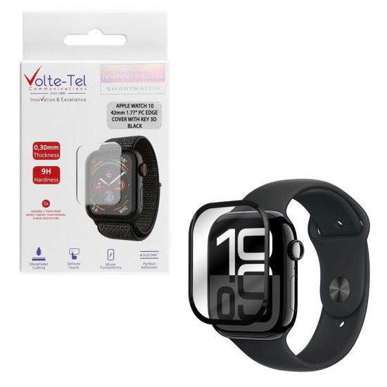VOLTE-TEL PC EDGE COVER TEMPERED GLASS APPLE WATCH 10/ WATCH 11 42mm 1.77in 9H 0.30mm WITH KEY 3D FULL GLUE FULL COVER BLACK