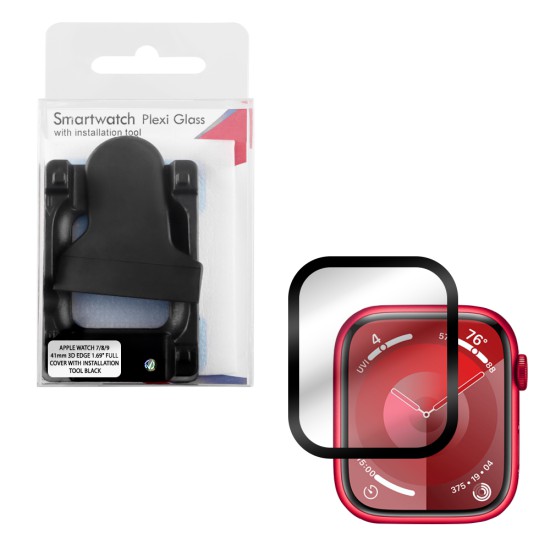 VOLTE-TEL TEMPERED PLEXI GLASS APPLE WATCH 7/8/9 41mm 3D EDGE 1.69" 0.30mm FULL COVER WITH INSTALLATION TOOL BLACK