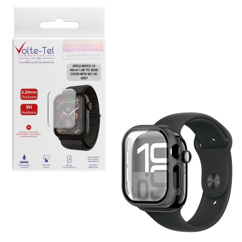 VOLTE-TEL TEMPERED GLASS APPLE WATCH 10 46mm 1.96" 9H 0.30mm PC EDGE COVER WITH KEY 3D FULL GLUE FULL COVER GREY